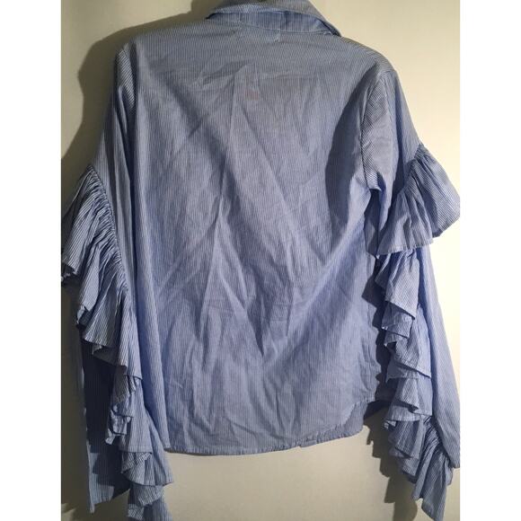 Luxe by Style Keepers Women's Size Medium Light Blue Striped Ruffle Button Down - Picture 6 of 6
